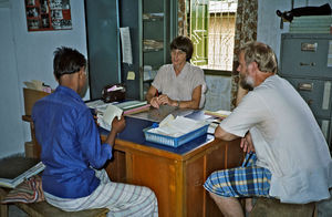 DSM Missionaries Inger and Filip Engsig-Karup with a local co-worker in Bangladesh, October 198