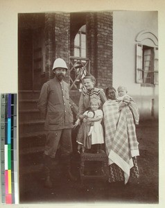 Anton and Martha Noettestad with their two children outside the guest house in Antsirabe, Madagascar, ca.1902