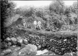 Construction of a bridge across the Monjo river in Marangu, Tanzania, ca.1901-1910