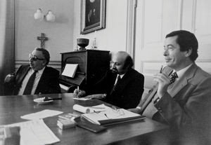 Besøg hos DMS i Danmark, 1980. Fra venstre: Direktør for kommunikation, Camel Kostandi, MECC - Generalsekretær Gabriel Habib, MECC - Direktør for kommunikation, Marc Chambron, LWF