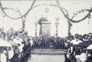 Chapel decorated for Christmas with festoons of evergreen and lanterns, Changde, Hunan, China, ca.1900-1910