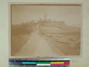 Distant view of Manandona Mission Station and church, Manandona, Madagascar