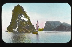 Boat sailing before a terraced islet, China, ca.1917-1923