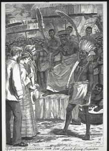 Gefangene Missionare vor dem Asantekönig. Kumase