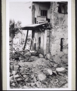 Mission station Kitschung after the Japanese air raid 1940. The cross marks the spot where the Meyerholts lost their lives