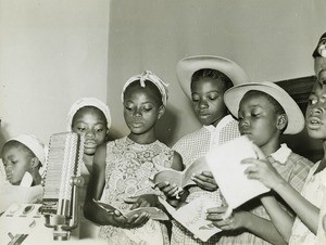 Girlscouts in a studio of radio, in Cameroon