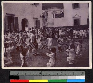 Students performing a flag drill, Shantou, Guangdong, China, ca.1920-1937