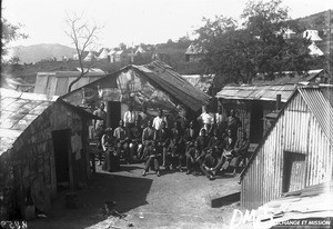 Group of African people in a compound, Pretoria, South Africa, ca. 1896-1911