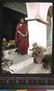 Bishop's wife on steps of her home, Mysore, India, 1924