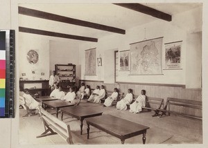 Girls inside school sitting room, Madagascar, ca. 1890