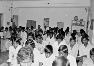 BNELC, Bangladesh, 1983. Church service at Rajshahi Girls' Hostel. The boys from CLTS attending