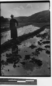Fr. Fisher standing in a rice paddy at Dalian, China, 1939