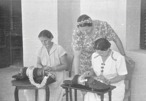 Karen Olsen teaching Grethe Jensen to make lacework1960?