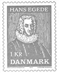 Dansk frimærke med portræt af Hans Egede, 1686-1758, dansk-norsk præst og missionær, kendt som Grønlands apostel