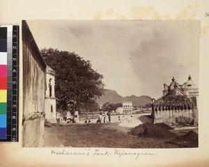 View of people sitting by water, Vizianagaram, India , ca.1885-1895