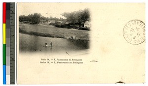 Aerial view of a river and some homes, Srirangam, India, ca.1920-1940