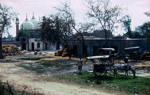 Pakistan, NWFP. Gadebillede fra Peshawar, med muslimsk moske i baggrunden