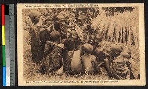 Older man speaking to children, Kenya, ca.1920-1940