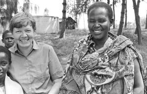 ELCT, Karagwe Diocese, Tanzania. Missionary and Parish Assistant Gudrun Vest with one of her co