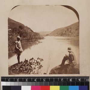 Two men on banks of River Mangoro, Madagascar, ca. 1865-1885