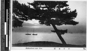 Boats anchored near Kobe, Maikonohama, Japan, ca. 1920-1940