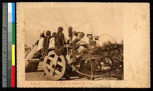 Group of travelers crowded on a cart, ca.1920-1040