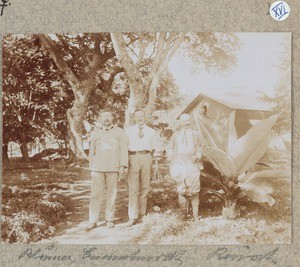 Missionaries Blumer, Eisenschmidt and Reusch in the garden of the mission house, Arusha, Tanzania, 1924