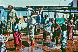 Missionary Janne Garder inspecting the washing place at Siloam Girls' Boarding Home in Tirukoil