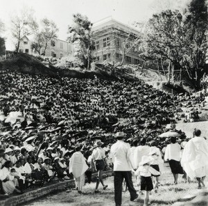 Welcome of the reverend Boegner in the open-air theatre of Antsahamanitra in Antananarivo, Madagascar