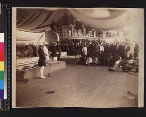 Audience of indigenous men including chiefs on board ship, Papua New Guinea, ca.1884