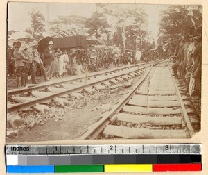 Awaiting inaugural train, Kumasi, Ghana, 1903