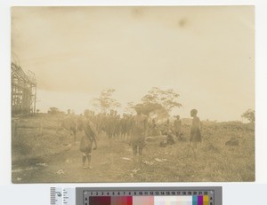 Workers gathered in front of church construction site, Kikuyu, Kenya, ca.1910