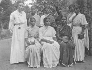 Arcot District, South India. Anna Andersen and teachers at Siloam Girl's Boarding School, Tiruk