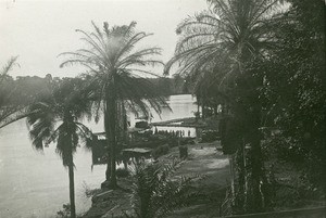 Children on the landing stage of the mission station of Ngomo, in Gabon