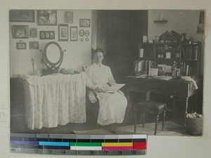 Louise Blom Heimbeck in her living room, Antsirabe, Madagascar, ca.1917