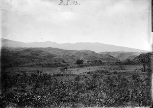 Shrubland in front of mountain range, Tanzania, ca.1893-1920