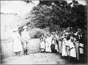 Director Ihmels and wife being welcomed by children at Mbaga, Tanzania, 1927