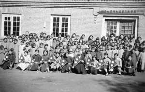 Mission station. Female Sunday School in Sui Hua after splitting in small classes. Sept. 1936