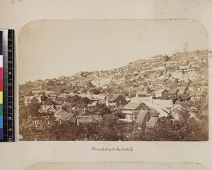 View of houses, hospital and memorial church, Faravohitra and Analakely, Madagascar ca. 1865-1885