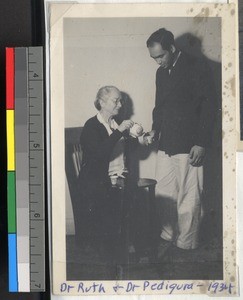 Dr. Ruth Morgan pouring a cup of tea for Dr. Pedigura, Haizhou, Jiangsu, China, 1934