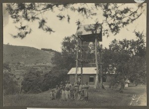 Children in front of belfry, Nkoaranga, Tanzania, ca.1929-1940