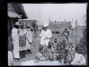 Open air meeting in the village, Bara, Madagascar, ca.1893