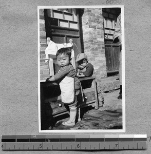 Children washing hands at Harwood Bible Training School, Fenyang, Shanxi, China, ca.1936-37