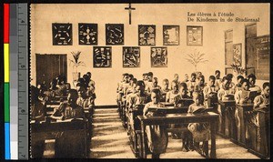 Children seated and studying in a classroom, Congo, ca.1920-1940