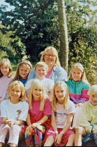 Missionary Kirsten Schmidt with a group of girls at the Norwegian School in Kathmandu, Nepal, 1