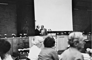 Annual Meeting Kolding 1984. HPH Kamp speaking with Jørgen Nørgaard Petersen