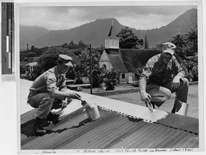 Two servicemen painting the roof of St. Ann's Convent, Heeia, Hawaii, ca. 1940-1949