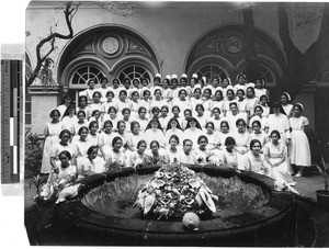 Group portrait of Maryknoll Sisters and entire St. Paul's Hospital nursing school student body, Manila, Philippines, November 1927