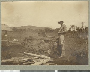 Dr Irvine and brick kiln, Chogoria, Kenya, ca.1923