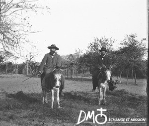 Swiss missionaries riding donkeys, Matutwini, Mozambique, ca. 1896-1911